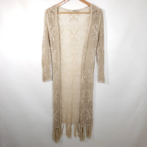 Y2K Vintage Western Boho Fringe Open Knit Duster Cardigan Sweater in light brown - Picture 6 of 7